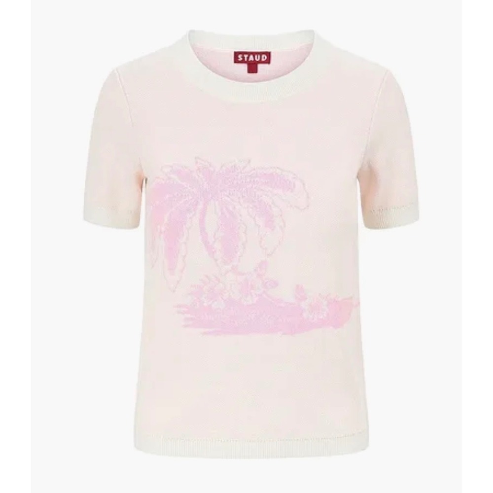 STAUD Reyna Palm Tree Intarsia Wool Blend Short Sleeve Sweater Pink Cream XS